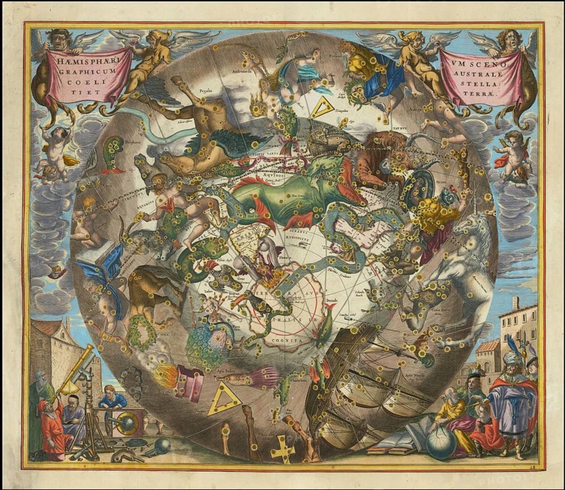 Haemisphaerium Scenographicum Australe Coeli Stellati Et Terrae, 1660, digital improved reproduction of a work of Andreas Cellarius (1596 - 1665), a Dutch-German cartographer and cosmographer best known for his 1660 Harmonia Macrocosmica, a major star atlas, digital improved reproduction of a work of Andreas Cellarius (1596 - 1665), a Dutch-German cartographer and cosmographer best known for his 1660 Harmonia Macrocosmica, a major star atlas