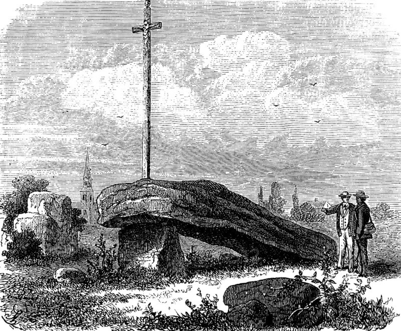 Half dolmen or demi dolmen at Kerland, Brittany, wooden cross, rock, church tower, two men, archaeology, history of mankind, France, historical illustration 1880, Europe