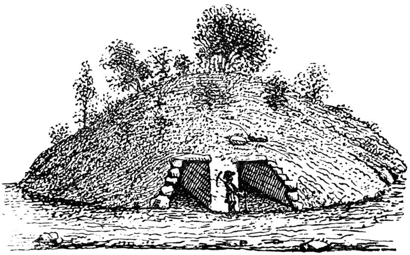 Entrances to a Danish burial mound with passage graves, circular, trees, archaeology, history of prehistoric mankind, historical illustration 1880