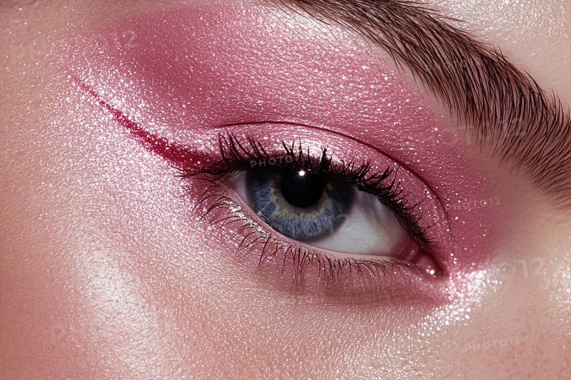 Close up of woman's blue eye with romantic pink makeup with glitter. Generative AI, AI generated