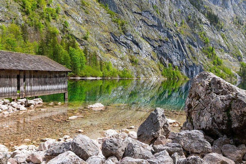 Boathouse on the Obersee, rock face, Berchtesgadener Land, Bavaria, Germany, Europe