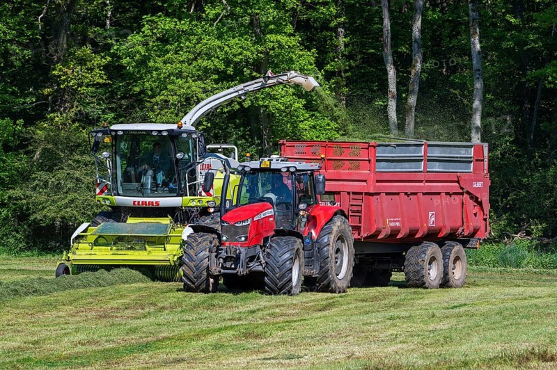 Tractor with trailer running beside Claas Jaguar 870 forage harvester, self-propelled silage chopper harvesting grass from meadow, pasture
