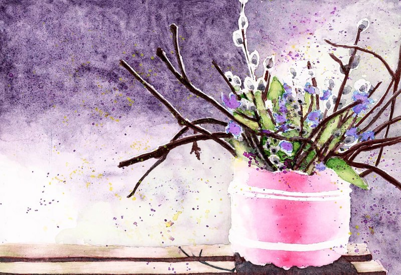 Watercolour painting of a still life with willow catkin branches standing on a bench in pink and purple