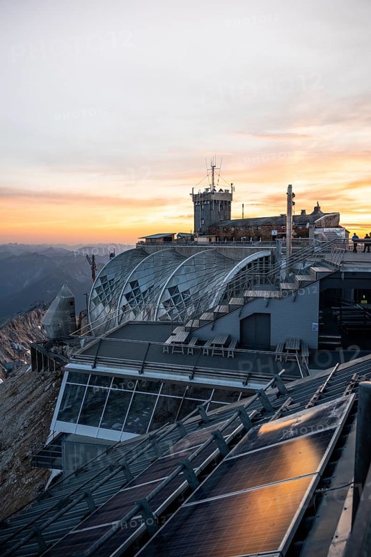 Modern mountain station of the Bavarian Zugspitze railway at the summit of the Zugspitze, at sunset, Wetterstein Mountains, Northern Limestone Alps, Bavaria, Germany, Europe