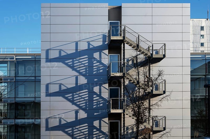 External staircases with shadows cast by a modern office building, Erlangen, Middle Franconia, Bavaria, Germany, Europe