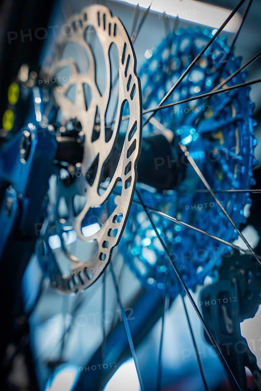 Close-up of a blue brake disc with spokes of a bicycle, Waldbike Manufaktur, bicycle workshop, Calw, district of Calw, Black Forest, Germany, Europe