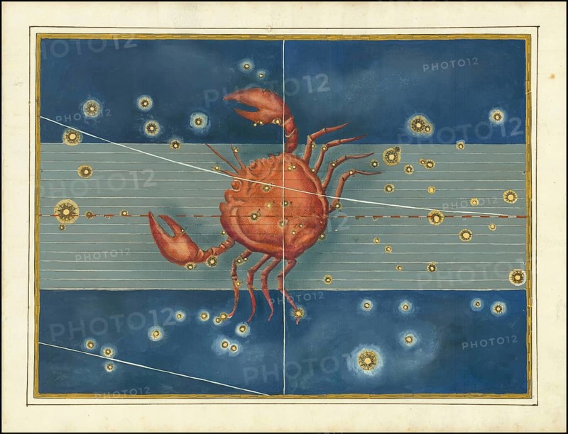 Astronomy. The Celestial Atlas, the Uranometria, Ptolemaic constellations, by Johann Bayer (1572 - 7 March 1625), German astronomer, Cancer, Cancer, a constellation on the ecliptic, digitally enhanced reproduction of a historical model