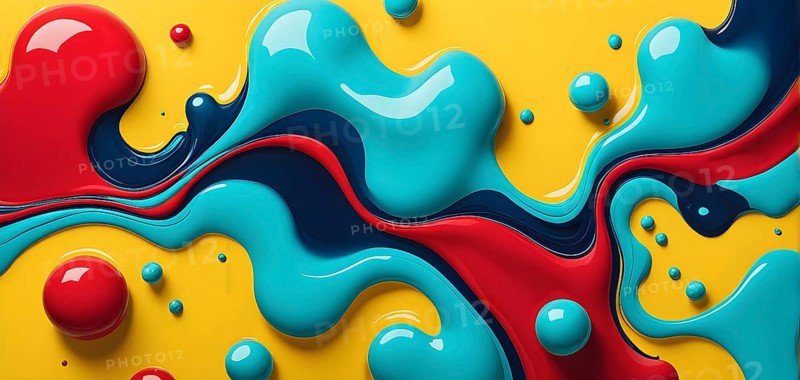 Abstract image with vibrant blue and red blobs and liquid shapes on a yellow background, AI generated