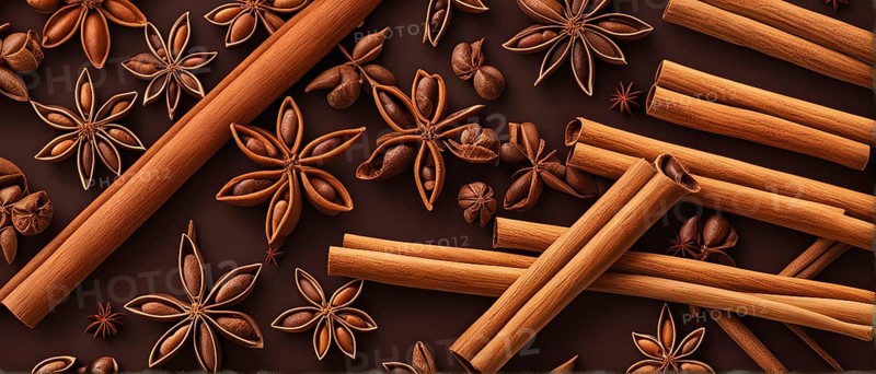 Abstract wallpaper illustration of Christmas spices like cinnamon sticks, star anise, and cloves, AI generated
