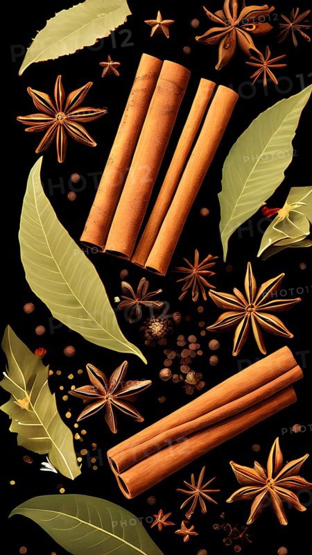 Abstract wallpaper illustration of Christmas spices like cinnamon sticks, star anise, and cloves, AI generated