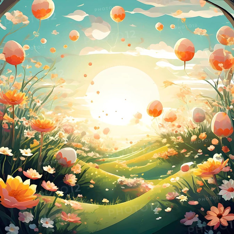 Surreal Easter scene with floating eggs, ribbons, and flowers in a dreamlike, whimsical composition of light and shadow, AI generated