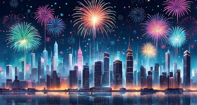 Wallpaper illustration of a cityscape on New Year's Eve, with glowing skyscrapers and floating holographic fireworks, blending a sense of festive atmosphere, AI generated