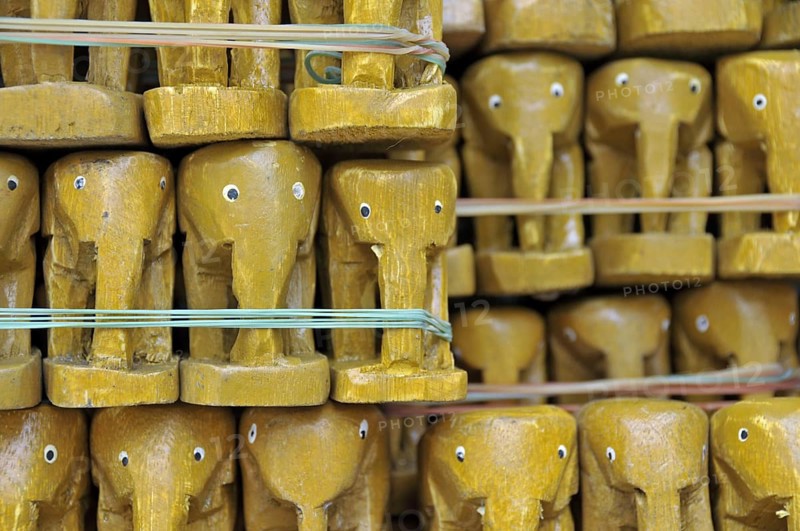 Small teak elephants, Erawan Shrine, Bangkok, Thailand, Asia