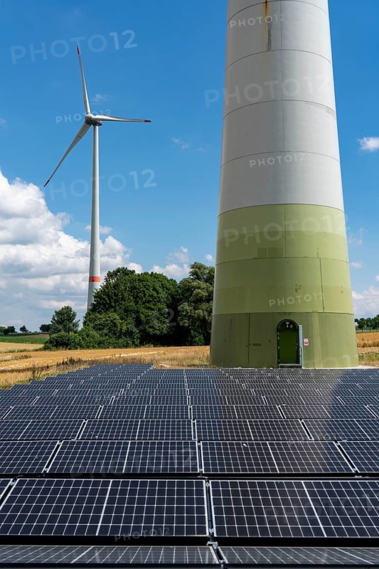 Wind farm near Lichtenau, Ostwestfalen-Lippe, a 100 kW solar power system was installed on the crane installation area in front of a wind turbine, as a trial, so the unused former construction site areas could be used for PV systems, North Rhine-Westphalia, Germany, Europe