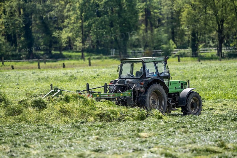 Tractor, mowing grass, turning the grass, near Issum, Lower Rhine, North Rhine-Westphalia, Germany, Europe