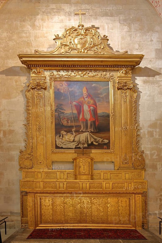 Painting with golden frame of Bishop Saint Martin Ormeaux, Bishop healing plague sufferers, Notre-Dame Church, Saint-Paul-Trois-Châteaux, Saint-Paul-Trois-Chateaux, healing, illness, saint, golden, Romanesque, Drôme, Tricastin, Provence, France, Europe