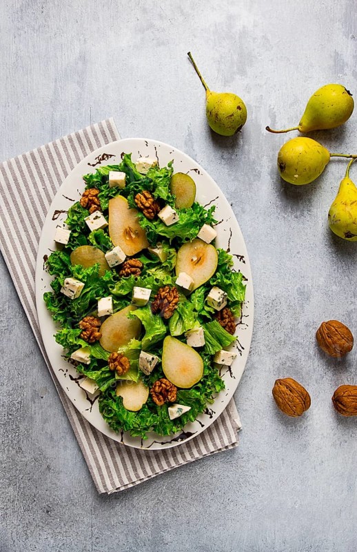 Keto Salad, pear with blue cheese and walnut, selective focus, no people, close-up