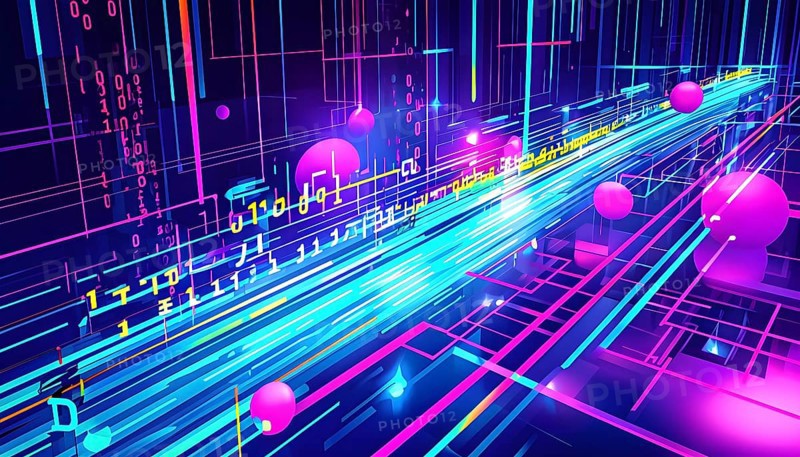 Abstract data stream flowing like liquid light, with sharp lines of code and binary numbers cascading in bright neon colors, AI generated
