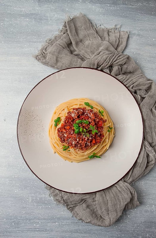 Spaghetti Bolognese, top view, close-up, no people, homemade