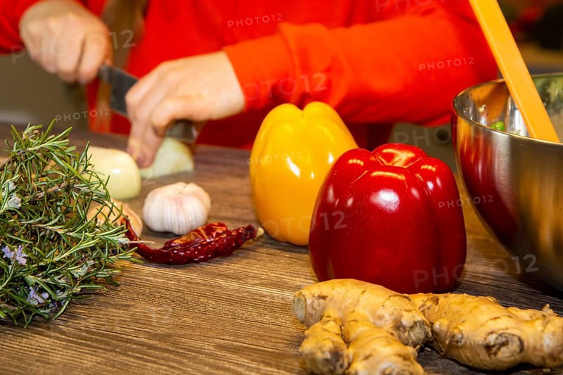 Vegan cooking: Close-up of peppers and ginger