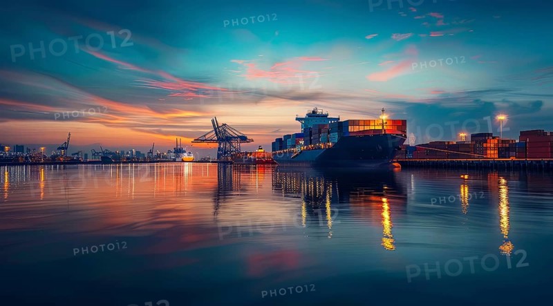 International container cargo ships docked in port near warehouse storage and cranes, AI generated