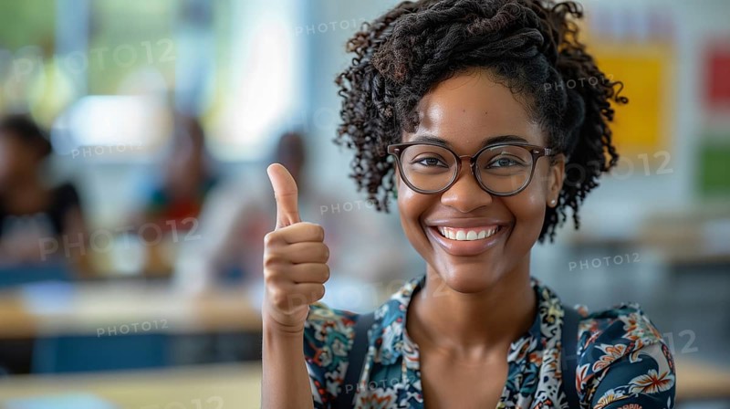 Proud african american female teacher giving a bright smile and a thumbs up in her classroom. generative AI, AI generated