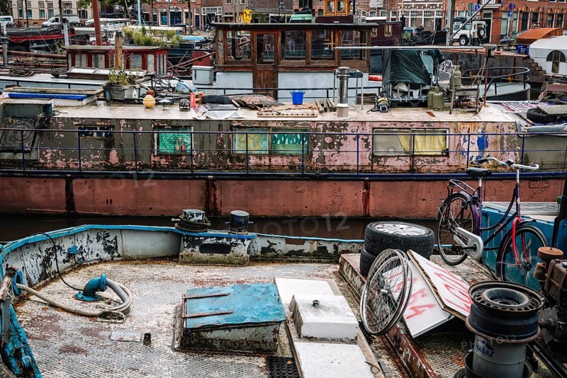 Old ships, inhabited, boathouse, dilapidated, weathered, canal, boat, nobody, dreariness, wreck, neglected, abandoned, living, lifestyle, centre, harbour, Groningen, Netherlands