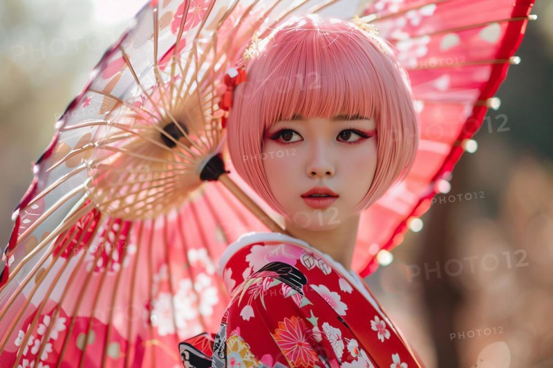 Beautiful young woman with pink hair and kimono with umbrella. KI generiert, generiert, AI generated