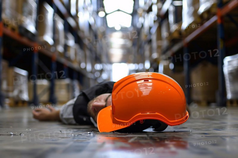 Worker with safety helmet lying on warehouse floor after accident. KI generiert, generiert, AI generated
