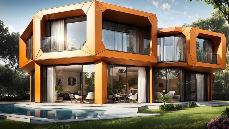 Modern residential house inspired by honeycomb hexagonal patterns, AI generated