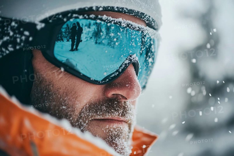 Close up of man's face with large skiing sunglasses and hat in winter. Generative Ai, AI generated
