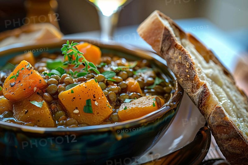 Bowl with pumpkin and lentil stew with slice of bread. Generative Ai, AI generated