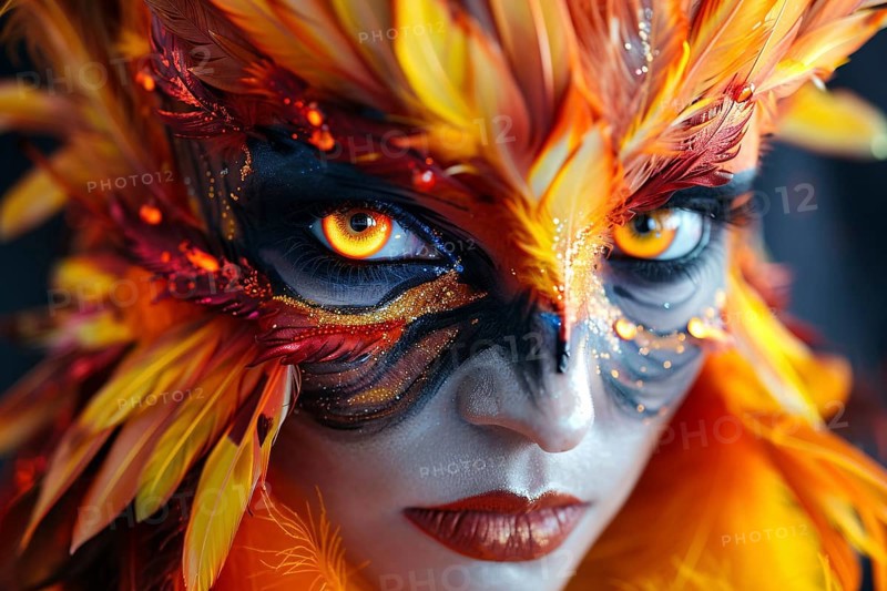 Woman's face with Halloween phoenix bird costume makeup with feathers. Generative Ai, AI generated