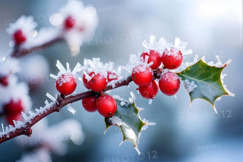 Frosty holly branch with vibrant red berries covered in delicate ice crystals, symbol for upcoming winter, AI generated