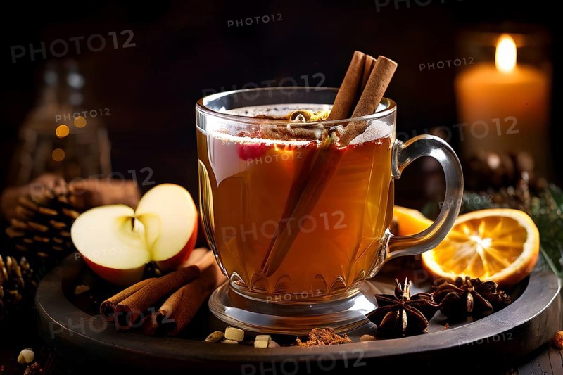 Steaming apple cider in a glass mug, garnished with a cinnamon stick and star anise, surrounded by festive decorations, AI generated