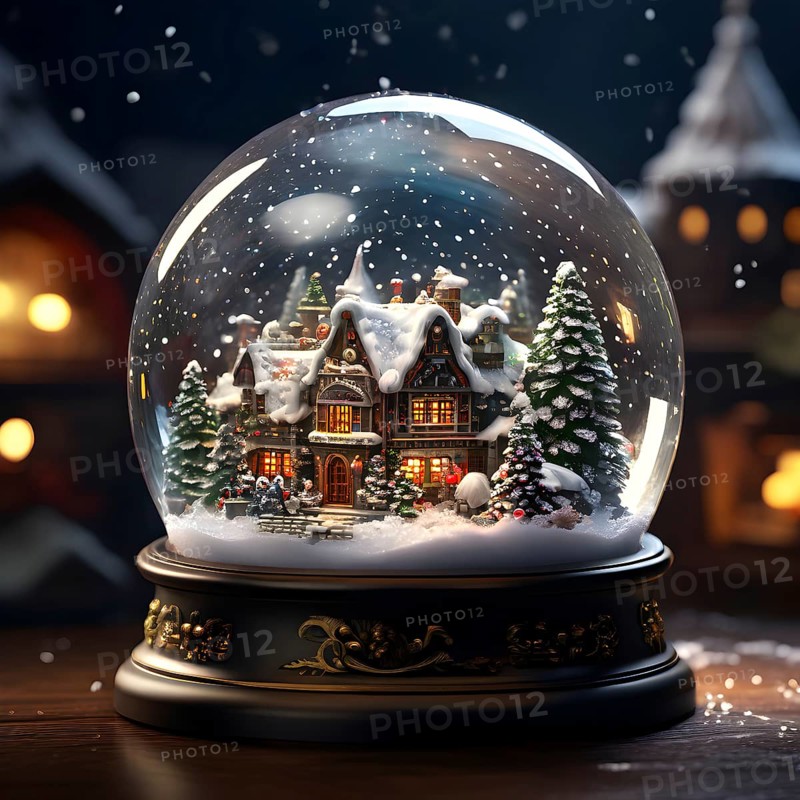 Snow globe with a tiny festive village inside, capturing the swirling snow and the light reflections on the glass dome, AI generated