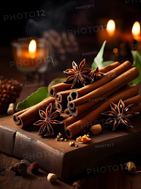 Christmas spices like cinnamon sticks, star anise, and cloves arranged on a wooden table, with soft ambient lighting evoking warmth and coziness, AI generated
