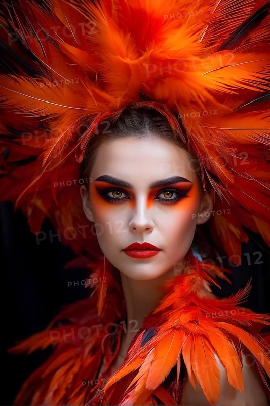 Portrait of woman adorned in a halloween phoenix costume, AI generated