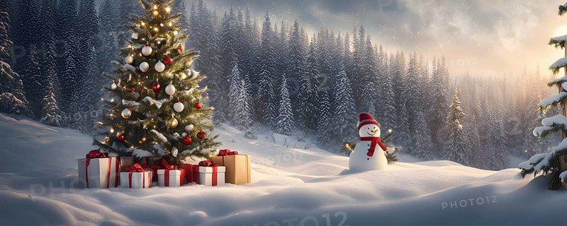 Peaceful and serene Christmas scene with a decorated Christmas tree with gifts presents and a cute snowman in a snowy forest, AI generated