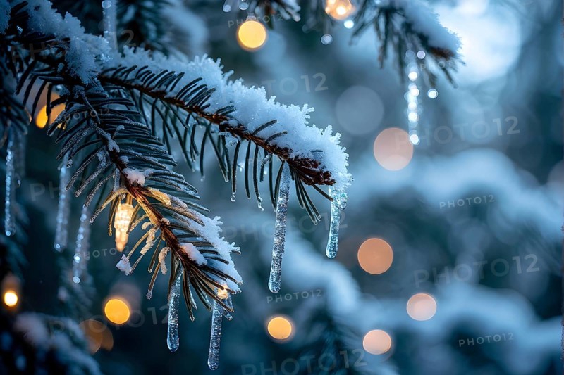 Detailed shot of frosted pine branches with twinkling fairy lights and icicles hanging, creating a sparkling wintery effect, AI generated