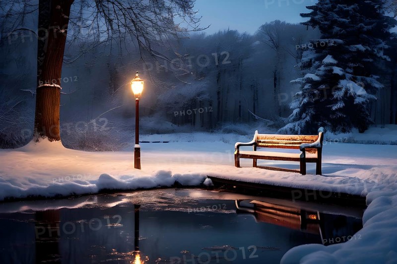 Frozen pond surrounded by snow-covered trees, with a wooden bench and lamppost nearby, softly illuminated by the warm glow of the lamplight, AI generated