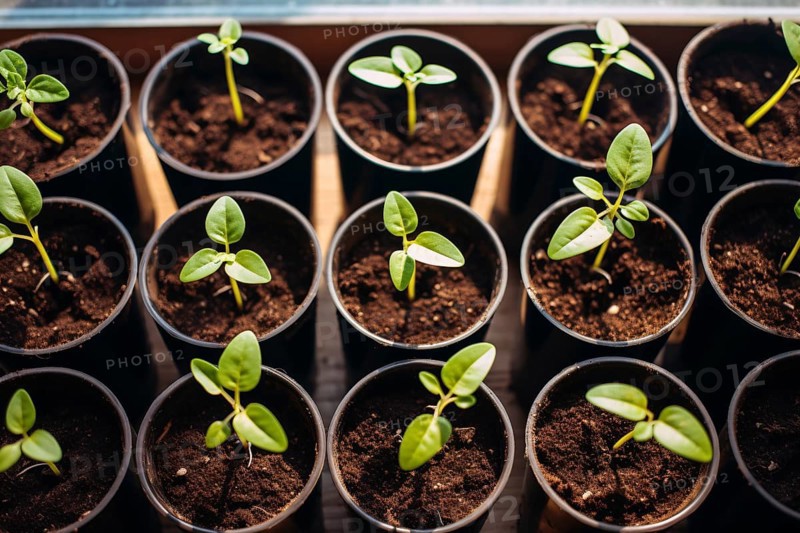 Small flower pots with plant seedlings ready to be replanted into garden in spring. KI generiert, generiert AI generated