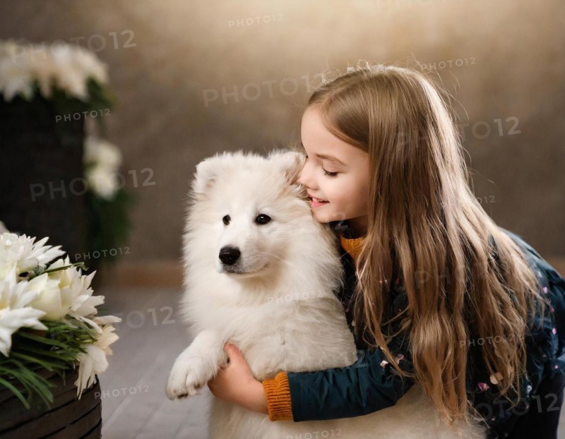 A girl with long hair cuddles up to a white dog next to white flowers and soft lighting, dog puppy, white shepherd dog, ki generated, KI generated, AI generated