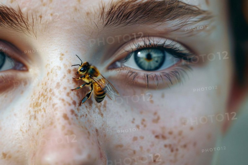 Close up of bee sitting on woman's face. KI generiert, generiert, AI generated