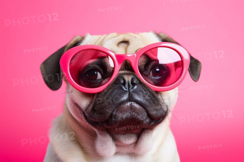 Funny pug dog with large pink sunglasses in front of studio background. KI generiert, generiert, AI generated