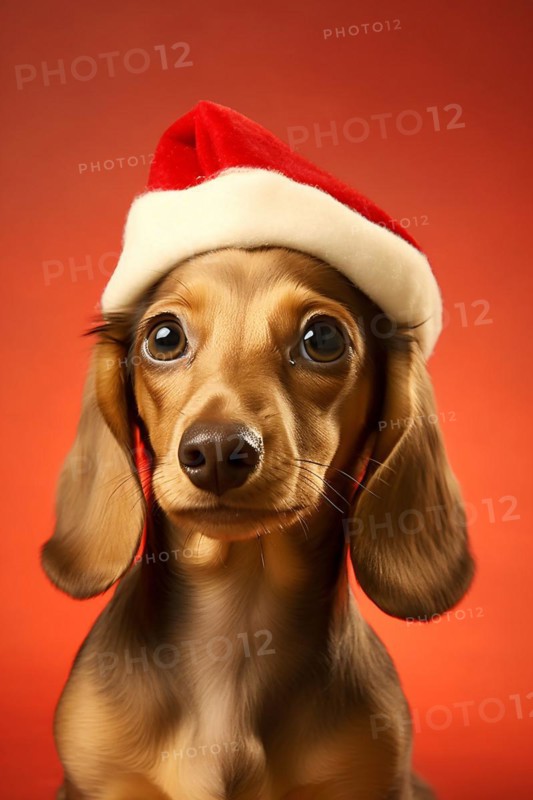 Cute brown Dachshund dog with Christmas santa hat on red background. KI generiert, generiert, AI generated