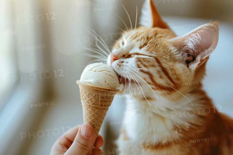 Cat being fed ice cream in cone. KI generiert, generiert, AI generated