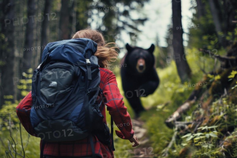 Life-threatening situation. A female hiker encounters a full-grown black bear in the forest, which runs towards her, AI generated, AI generated, AI generated