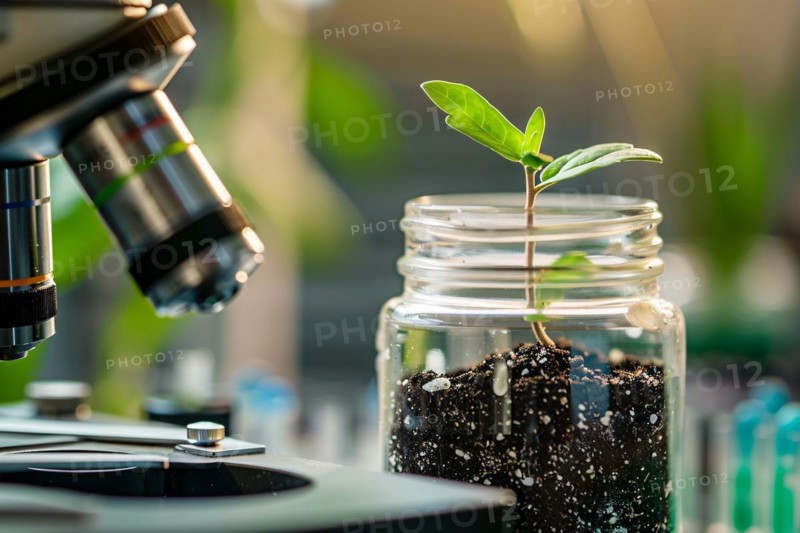 Plant seedling in research lab with microscope. Concept for biotechnology and genetic modification. KI generiert, generiert, AI generated