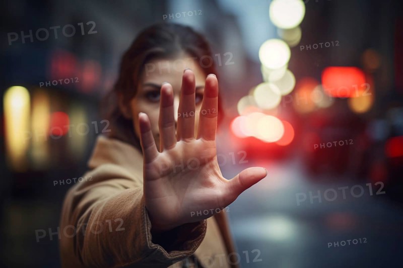 Woman holding up hand and making stop sign in street at night. Assualt concept. KI generiert, generiert AI generated